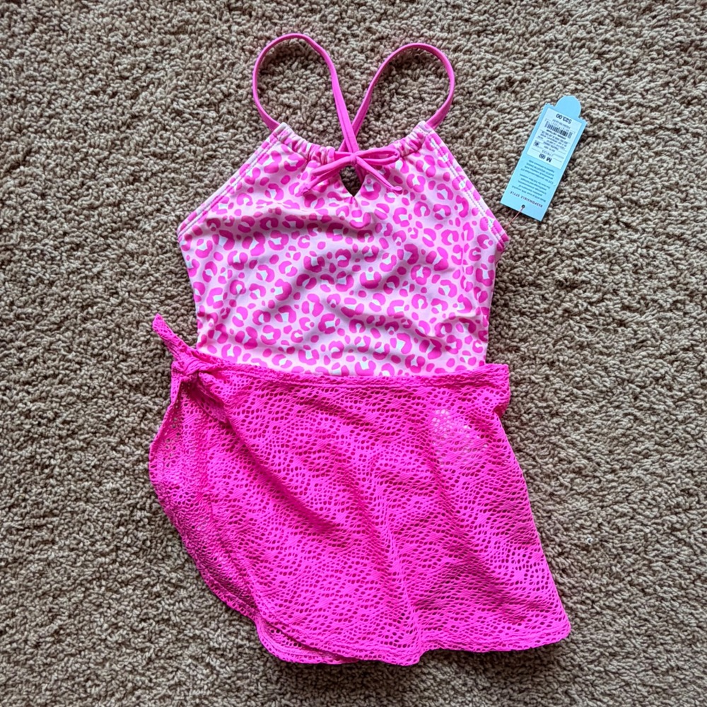 Cat & Jack Hot Pink Animal Print 1pc Swim Bathing Suit Coverup Set Medium 8 NWT